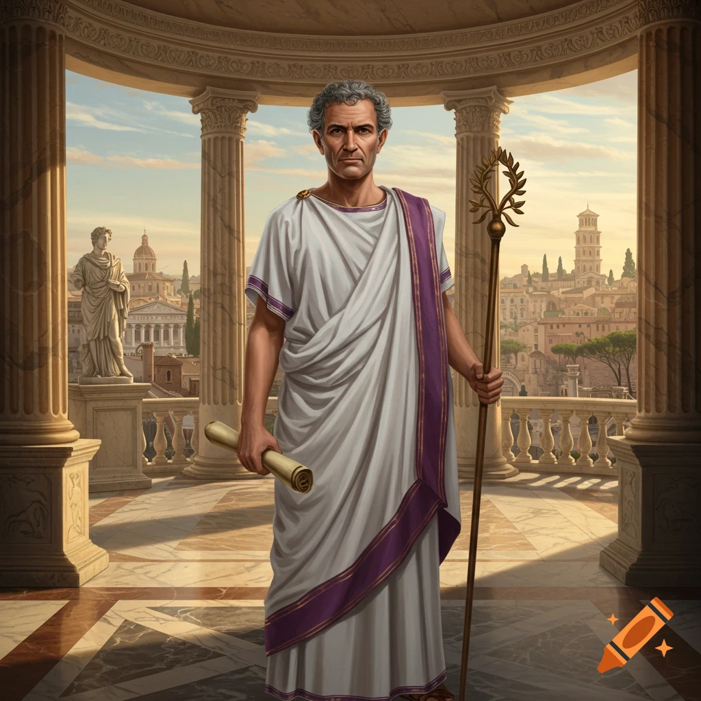 A Roman nobleman in a toga stands in a classical atrium overlooking a city.