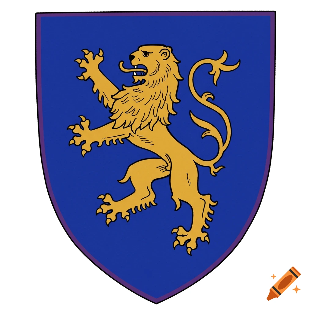 A blue shield with a golden lion rampant.