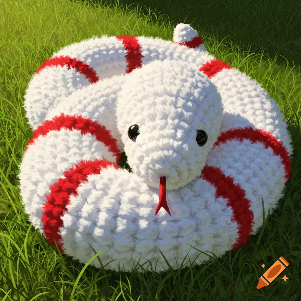 A white crocheted snake with red bands coiled in green grass.