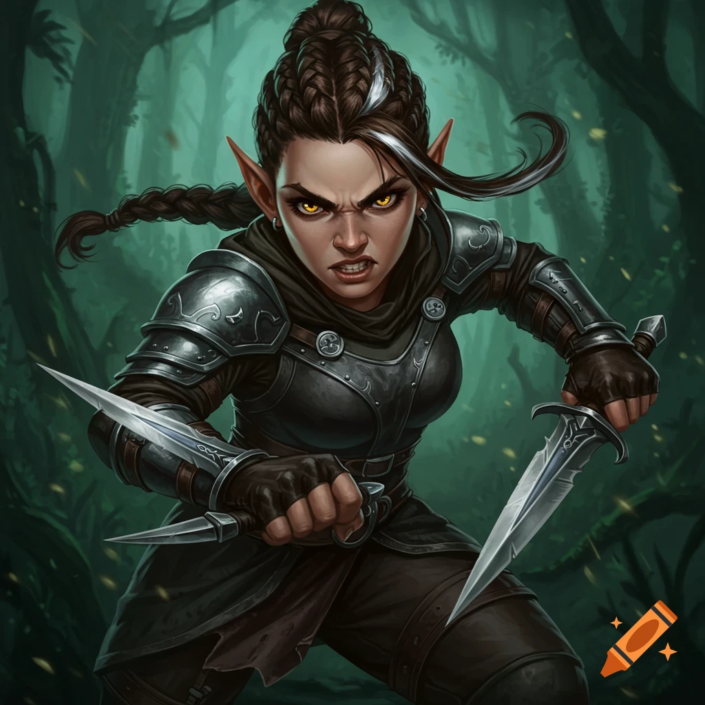 A female fantasy rogue with braided hair and gold eyes holds two daggers in a forest.