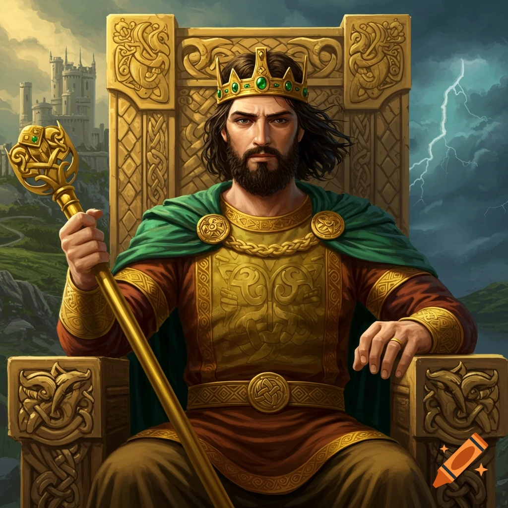 A regal king with a beard and crown sits on a golden throne, holding a scepter, with a castle and stormy sky in the background.