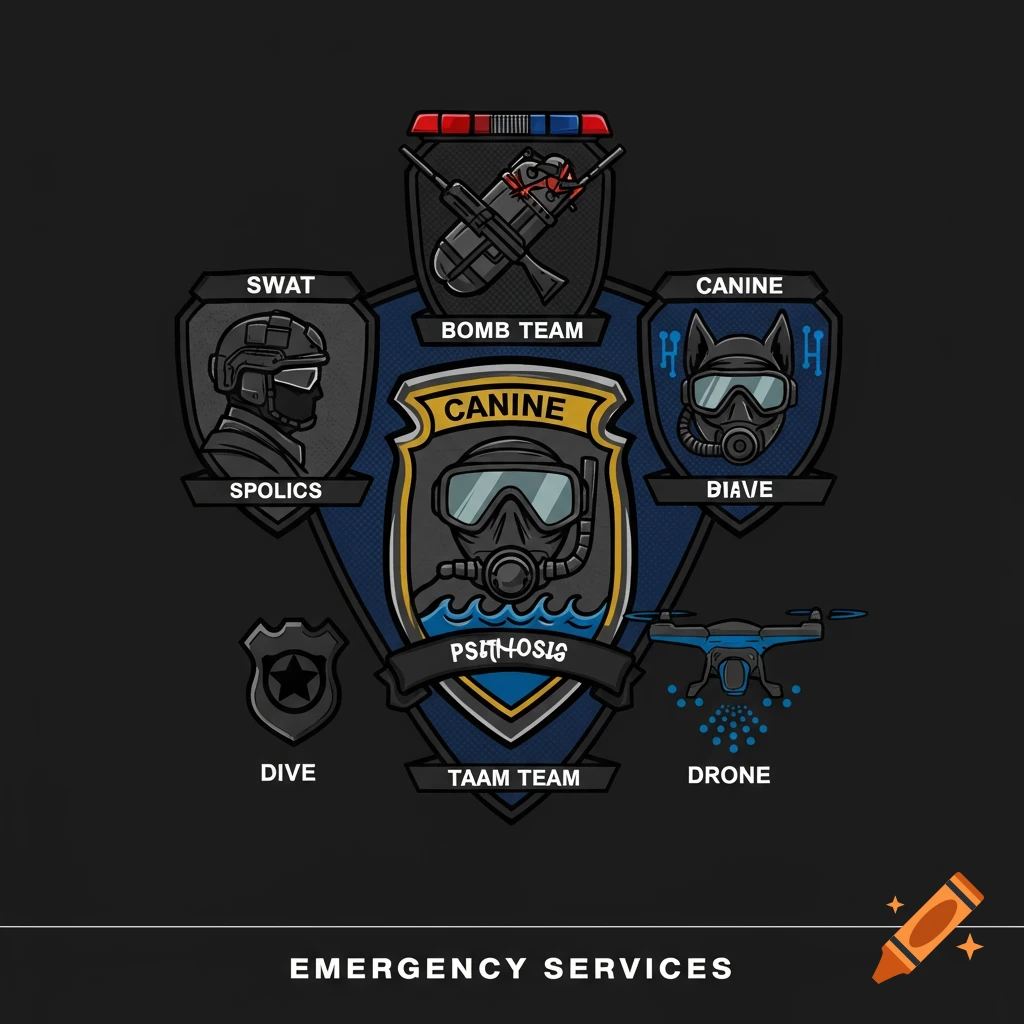 Stylized logos for emergency services including SWAT, Bomb Team, Canine, Dive, and Drone teams on a dark background.