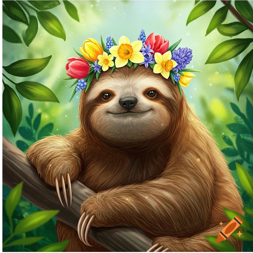 An illustration of a smiling sloth wearing a colorful spring flower crown while sitting on a tree branch in a forest.