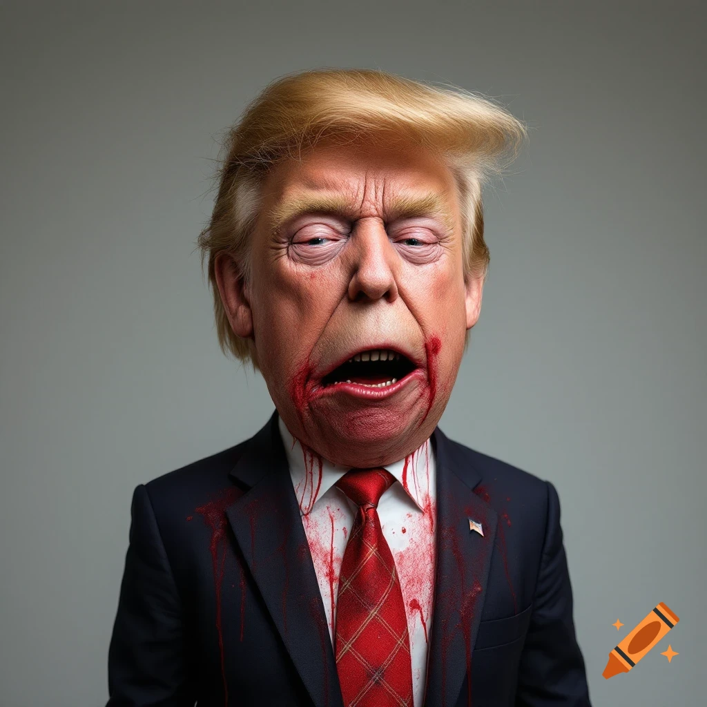 Caricature of Donald Trump with blood on his face and shirt.