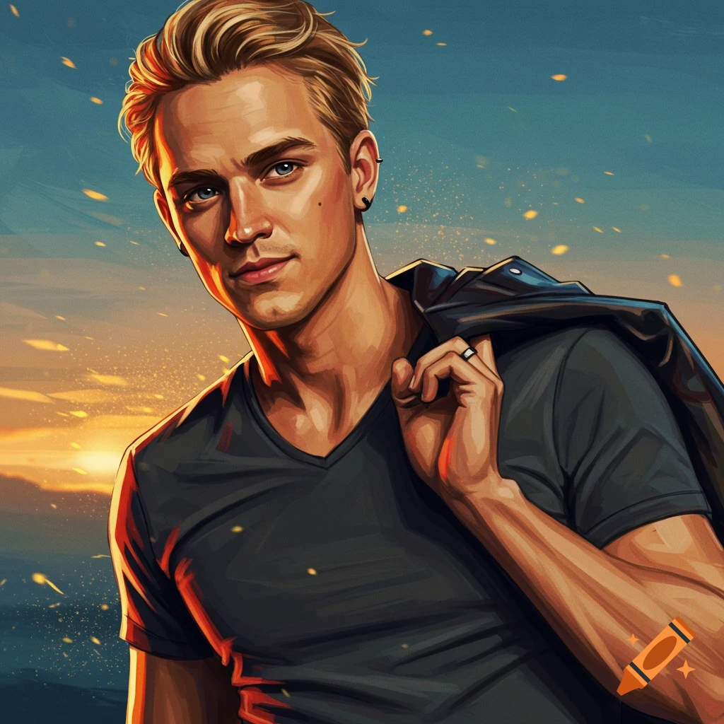 Illustration of a man carrying a jacket over his shoulder against a sunset background.