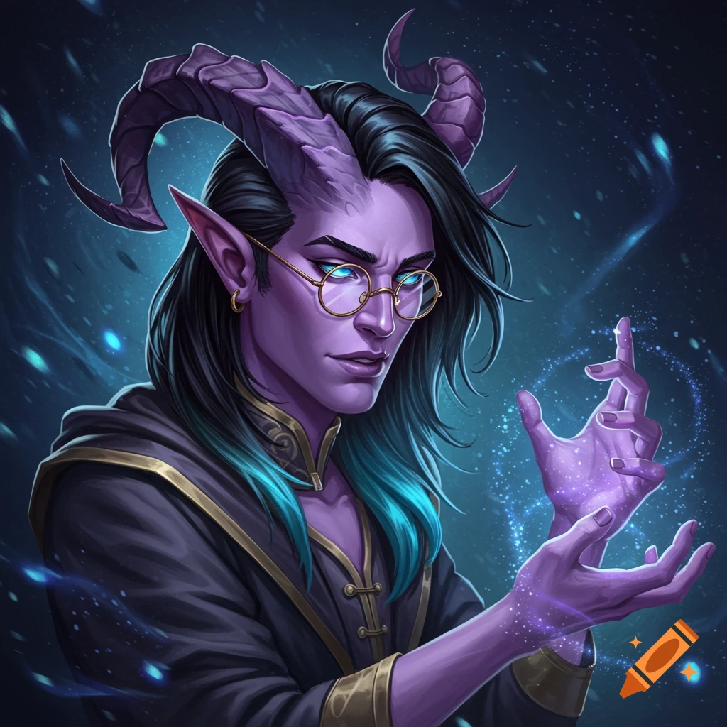 Male tiefling with purple skin, white hair, and yellow eyes in ninja ...