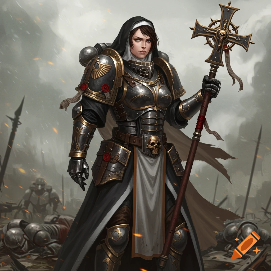 A female warrior nun in ornate power armor stands on a battlefield.