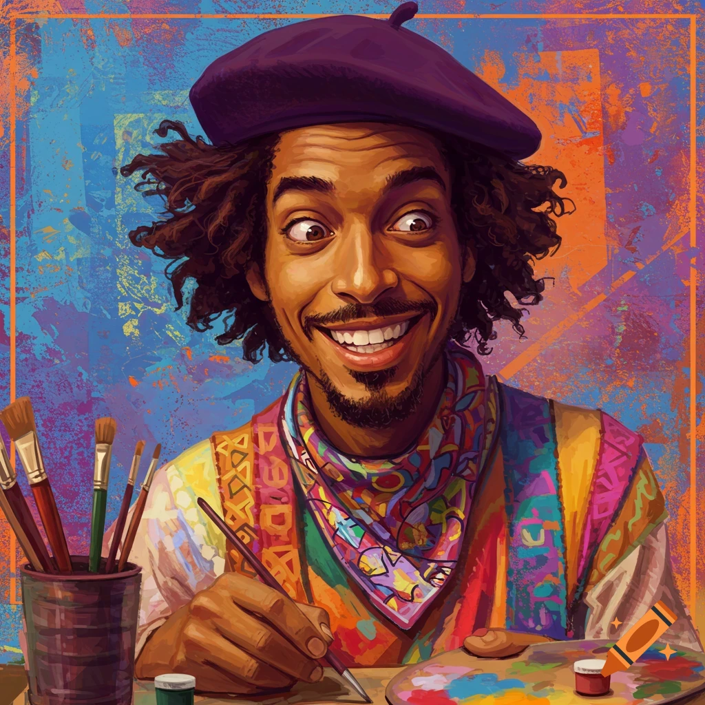 A smiling artist in a colorful beret and scarf paints with a brush and palette against a vibrant background.