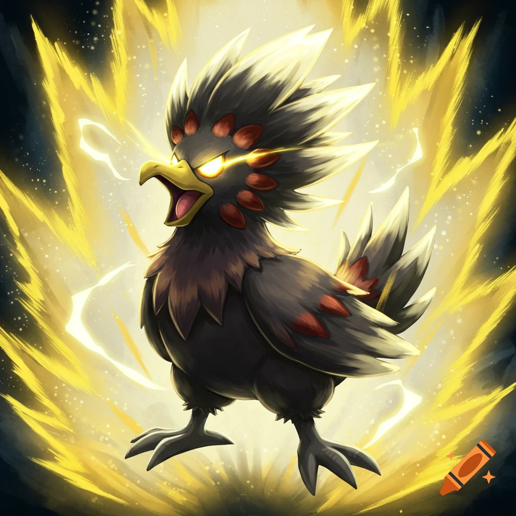 A dark bird-like Pokemon creature with glowing eyes surrounded by yellow energy.