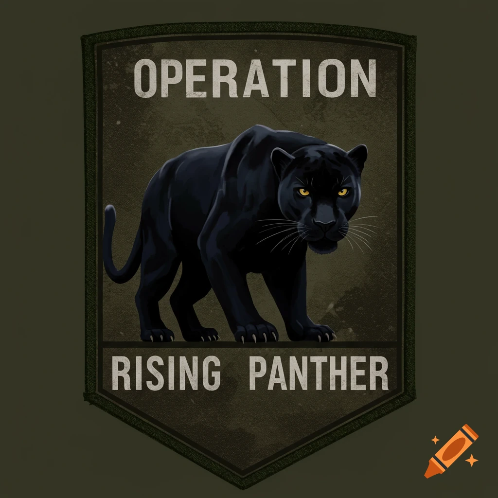 A black panther on an olive green patch with the text "Operation Rising Panther" above and below it.
