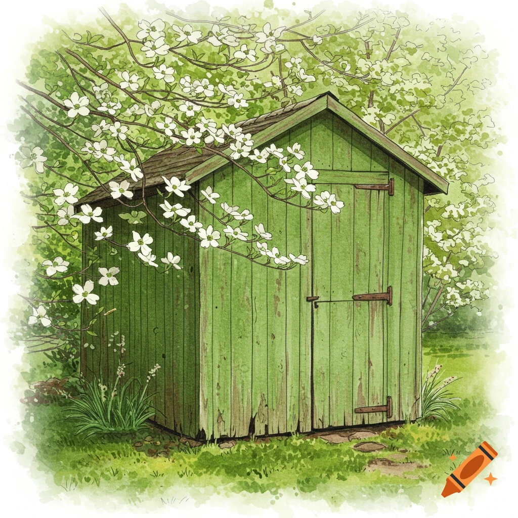 A green shed with flowering white dogwood branches over it, in watercolor style.