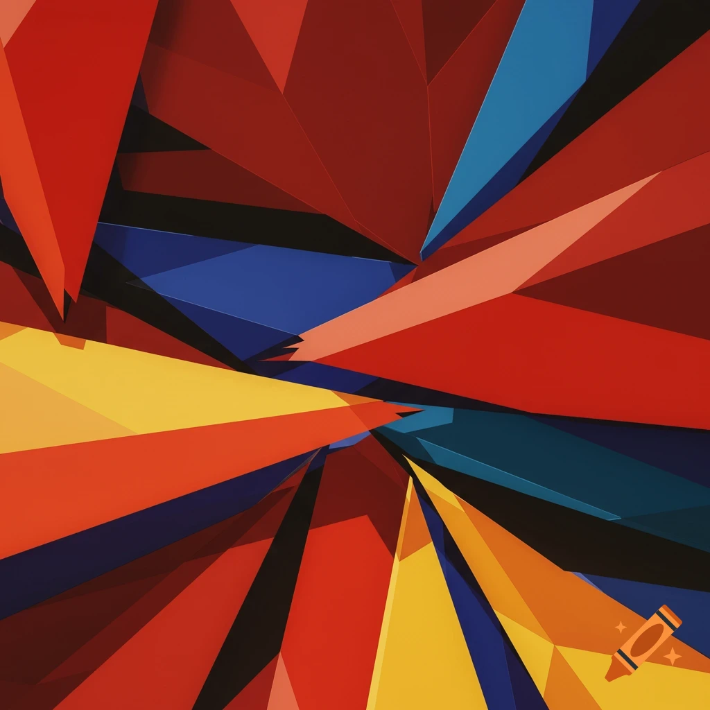 Abstract image of angular shapes in red, blue, and yellow.