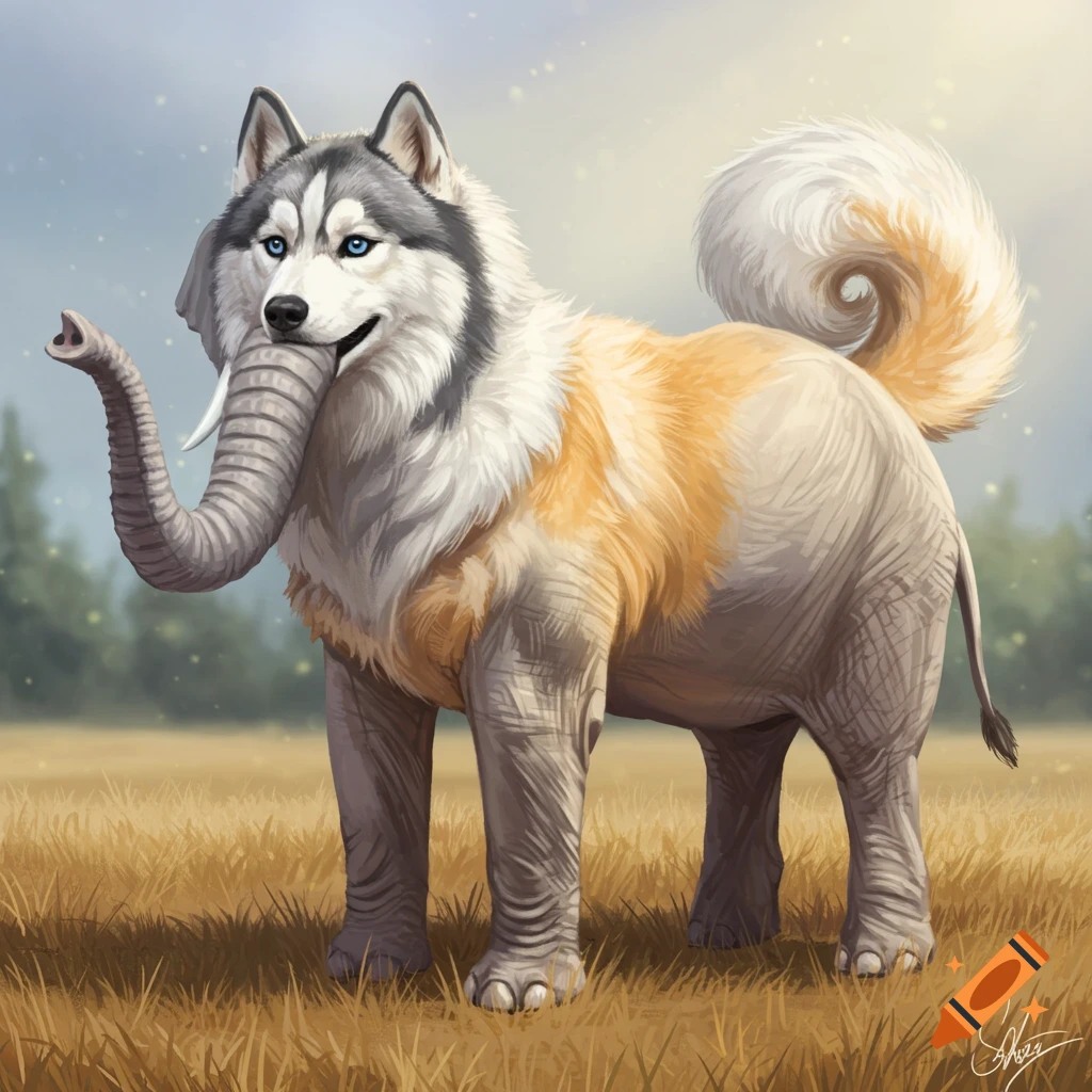 A husky, golden retriever, and elephant hybrid creature stands in a field.