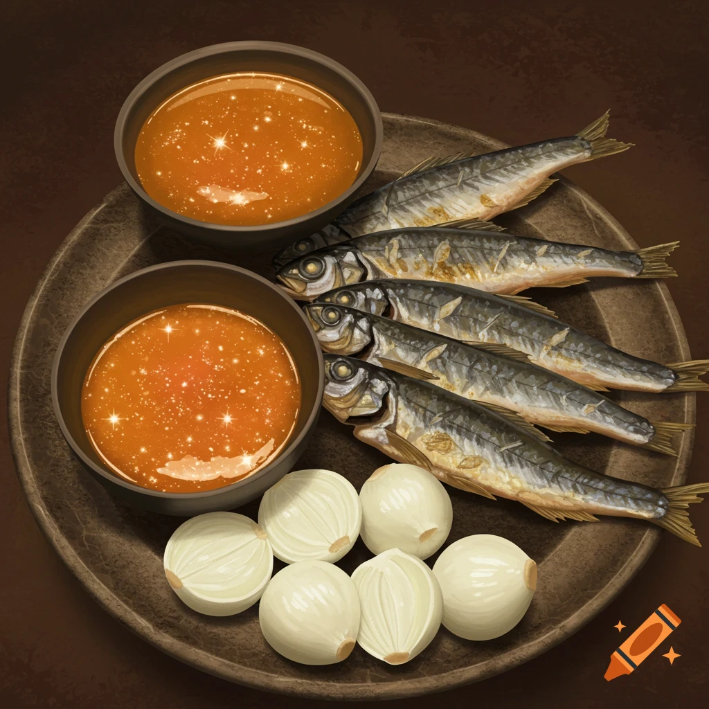 Cooked fish, sliced onions, and bowls of shimmering sauce on a rustic plate.