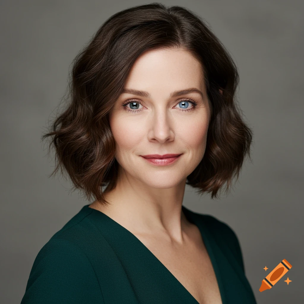 A close-up portrait photo of a woman with short brown hair and heterochromia eyes (one blue, one green) wearing a dark green dress.