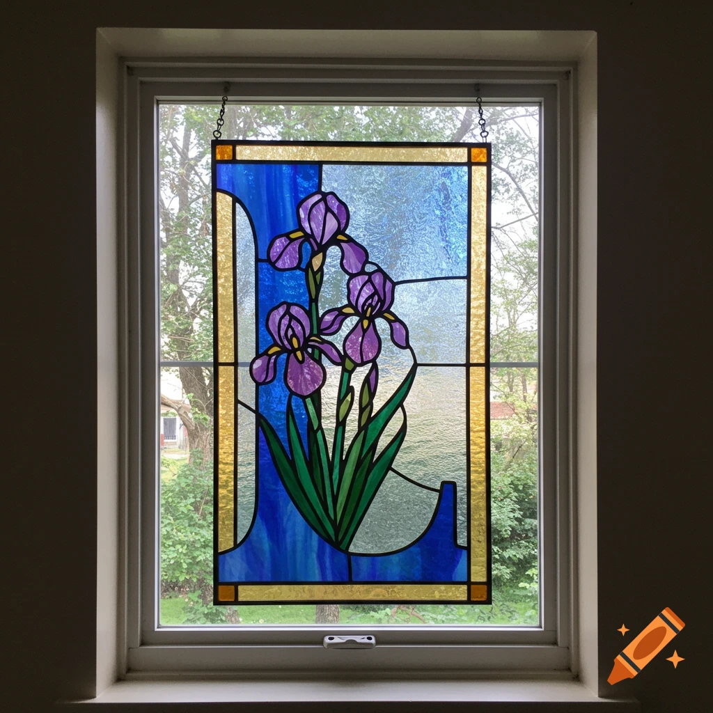 Stained glass transom window featuring a large blue letter L and purple irises against a textured blue background.