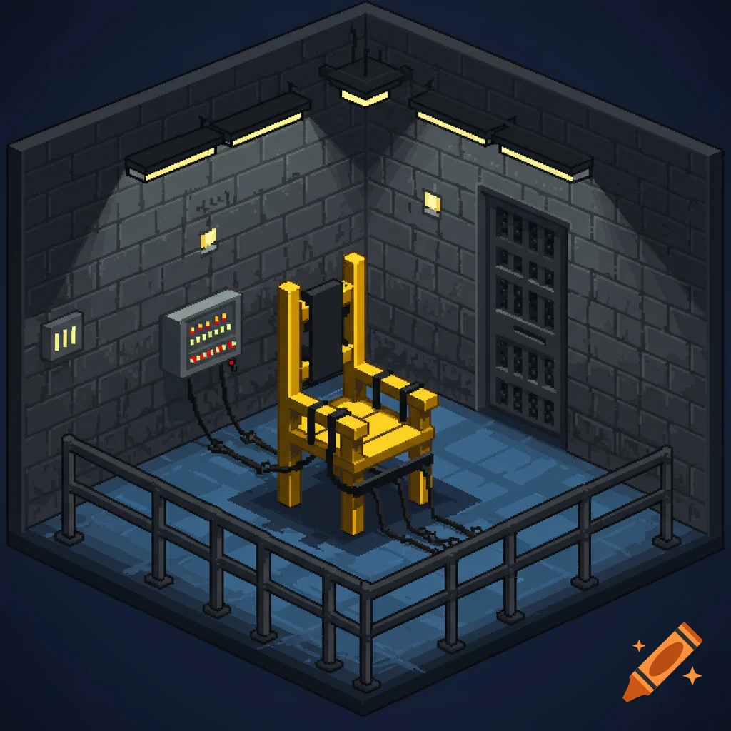 Pixel art rendering of an electric chair in a concrete prison cell with a barred door.