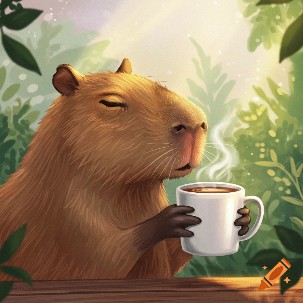 A capybara is holding a coffee cup in a forest setting.