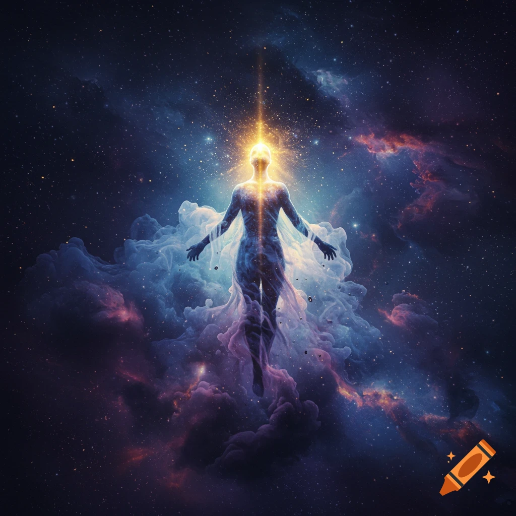 A glowing figure rises through colorful clouds and stars.