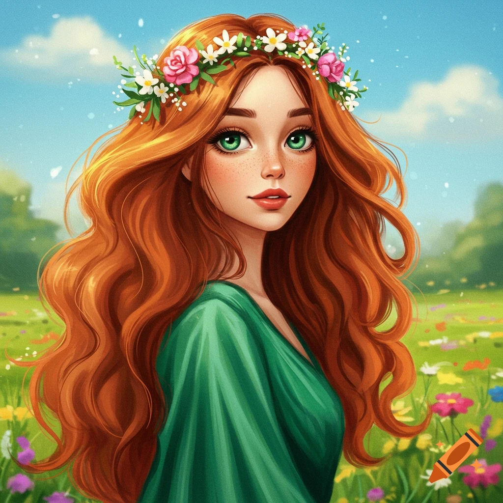 A red-haired girl with green eyes and a flower crown is in a meadow
