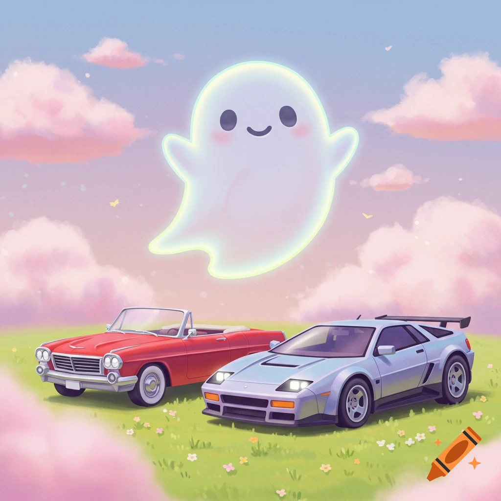 A cute ghost floats above a red convertible and a silver sports car in a grassy field with pink clouds.