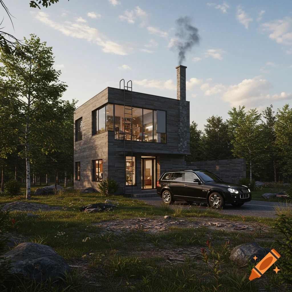 A modern house and black car in a forest clearing.
