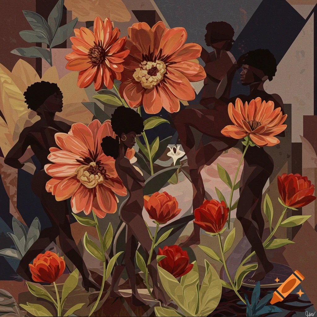 Abstract illustration of stylized dark figures blended with large orange flowers in a fragmented, colorful garden.