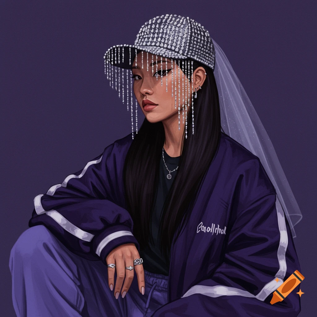 A woman in a jeweled baseball cap with veil and tassels, purple athletic jacket, and sweatpants.