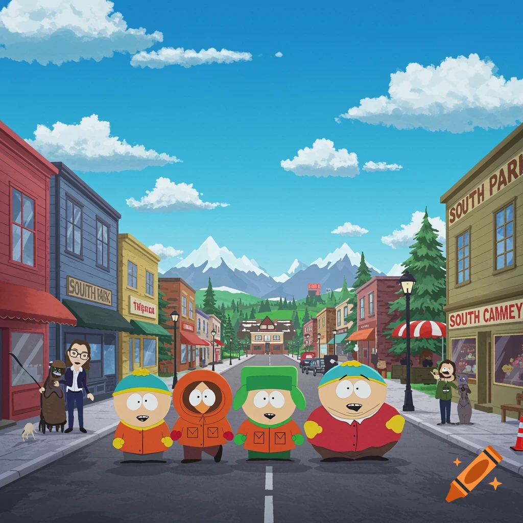 South Park characters walk down main street with mountains