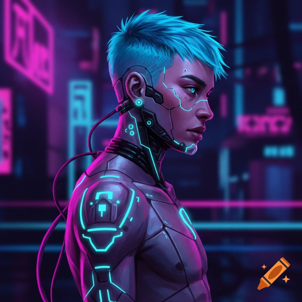 Futuristic female cyborg with pink hair in a futuristic city Futuristic female cyborg with pink hair in a futuristic city