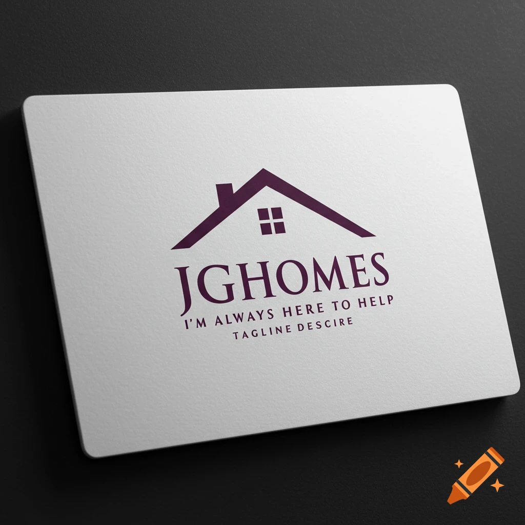 Purple real estate logo for JGHOMES with a house icon on a white business card mockup.