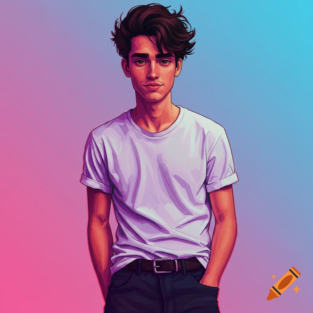 A young man stands with his hands in his pockets against a gradient background.
