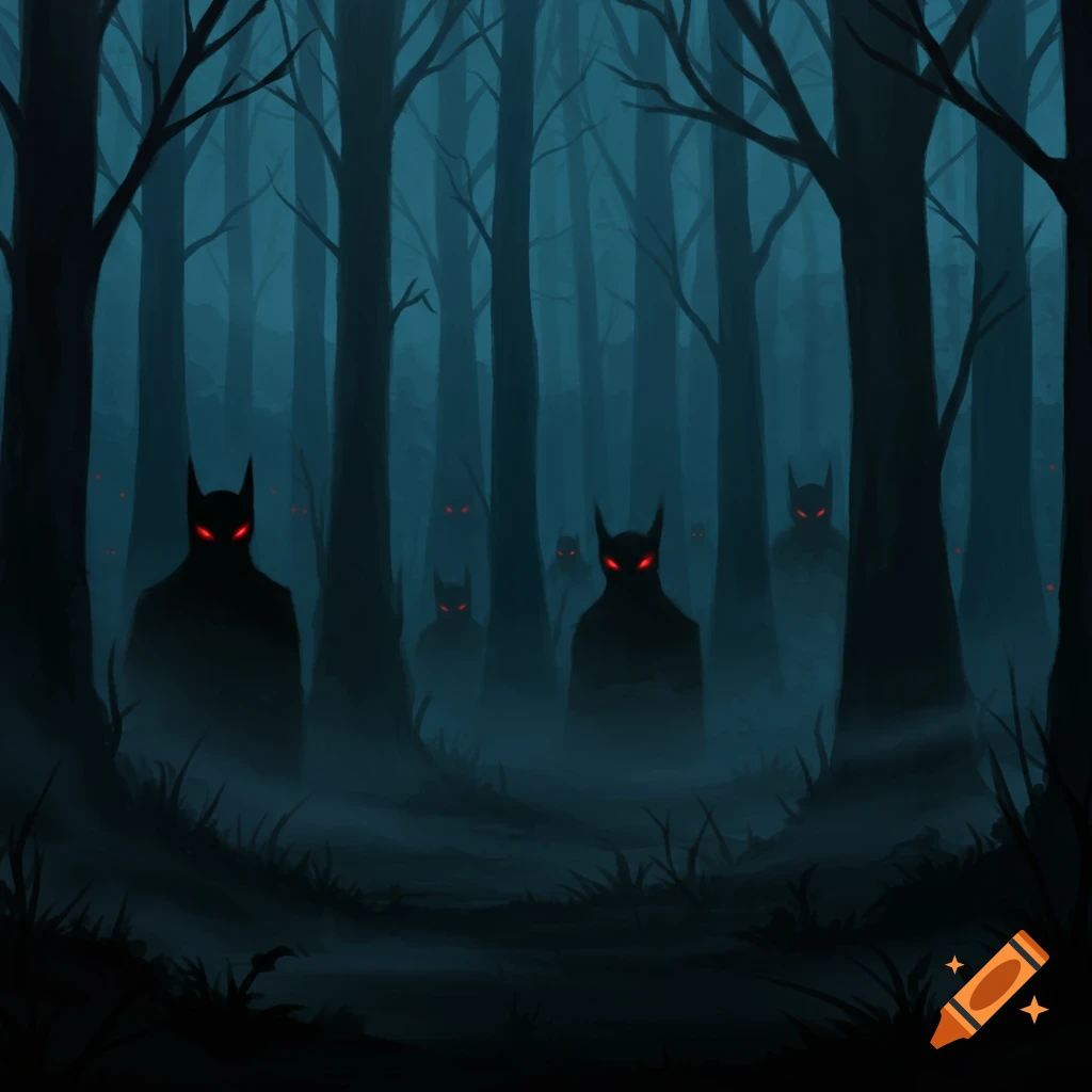 Dark, silhouetted creatures with glowing red eyes stand in a misty forest at night.
