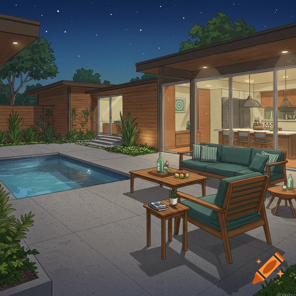 A modern patio with a pool, outdoor furniture, and a house at night.