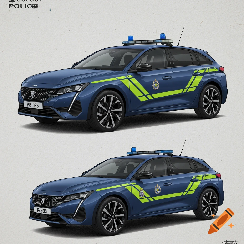 Two blue Peugeot police cars with greenish-yellow stripes and blue lightbars.