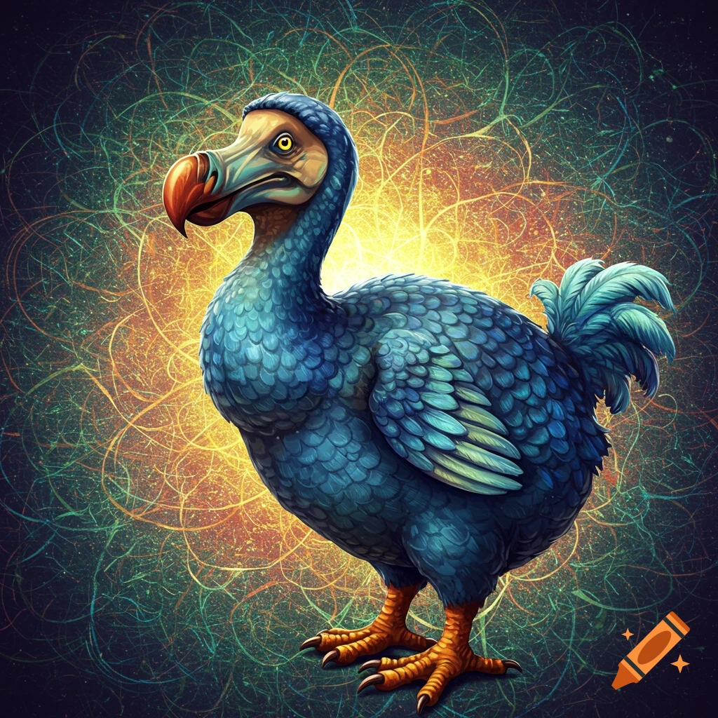 Digital illustration of a blue dodo bird standing against a vibrant, swirling background pattern.