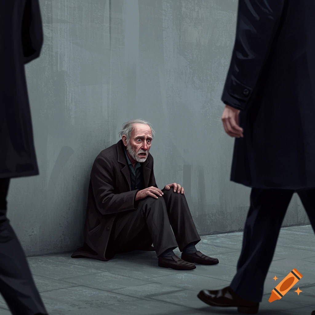 A scared old man sits by a grey wall as people walk past.