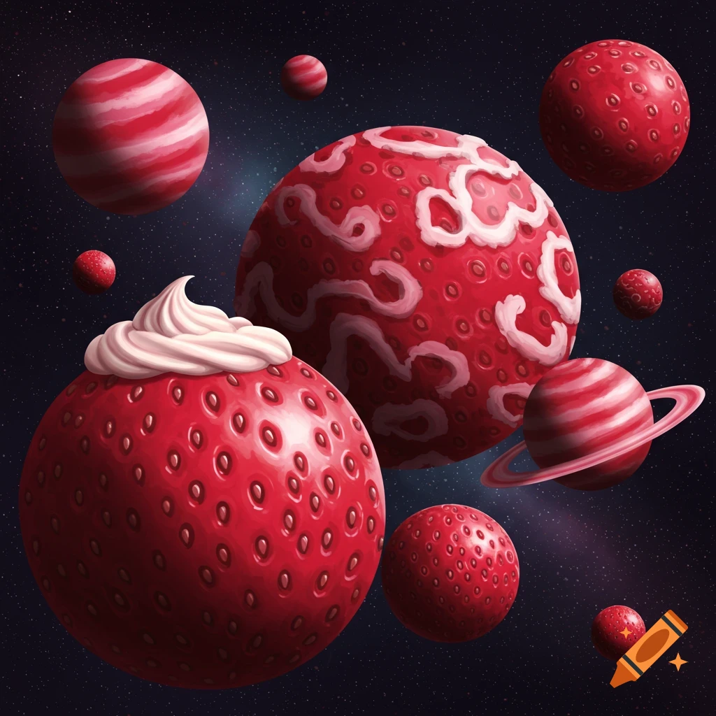 Strawberry-like planets and moons floating in space.