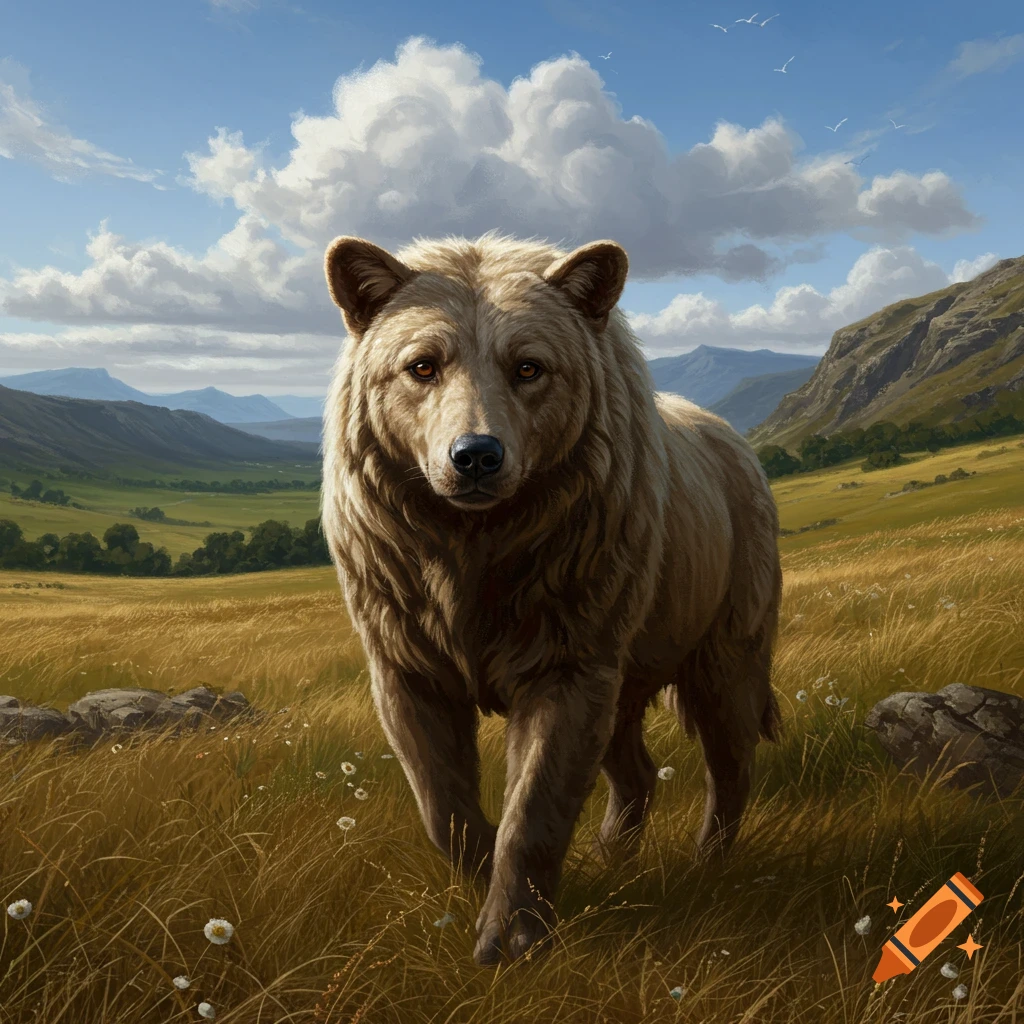 A large brown bear stands in a grassy field with rolling hills and mountains in the background.