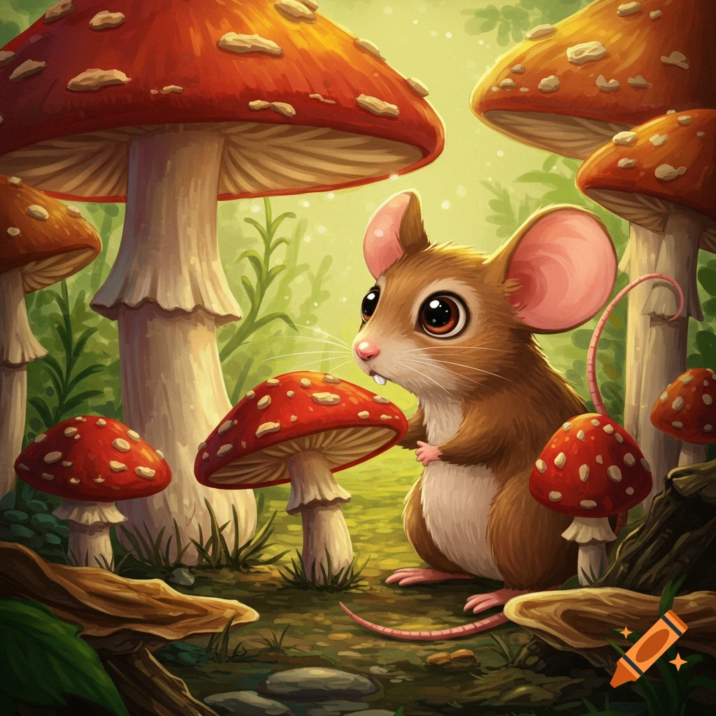 A cute mouse stands among large red and white spotted mushrooms in a forest.