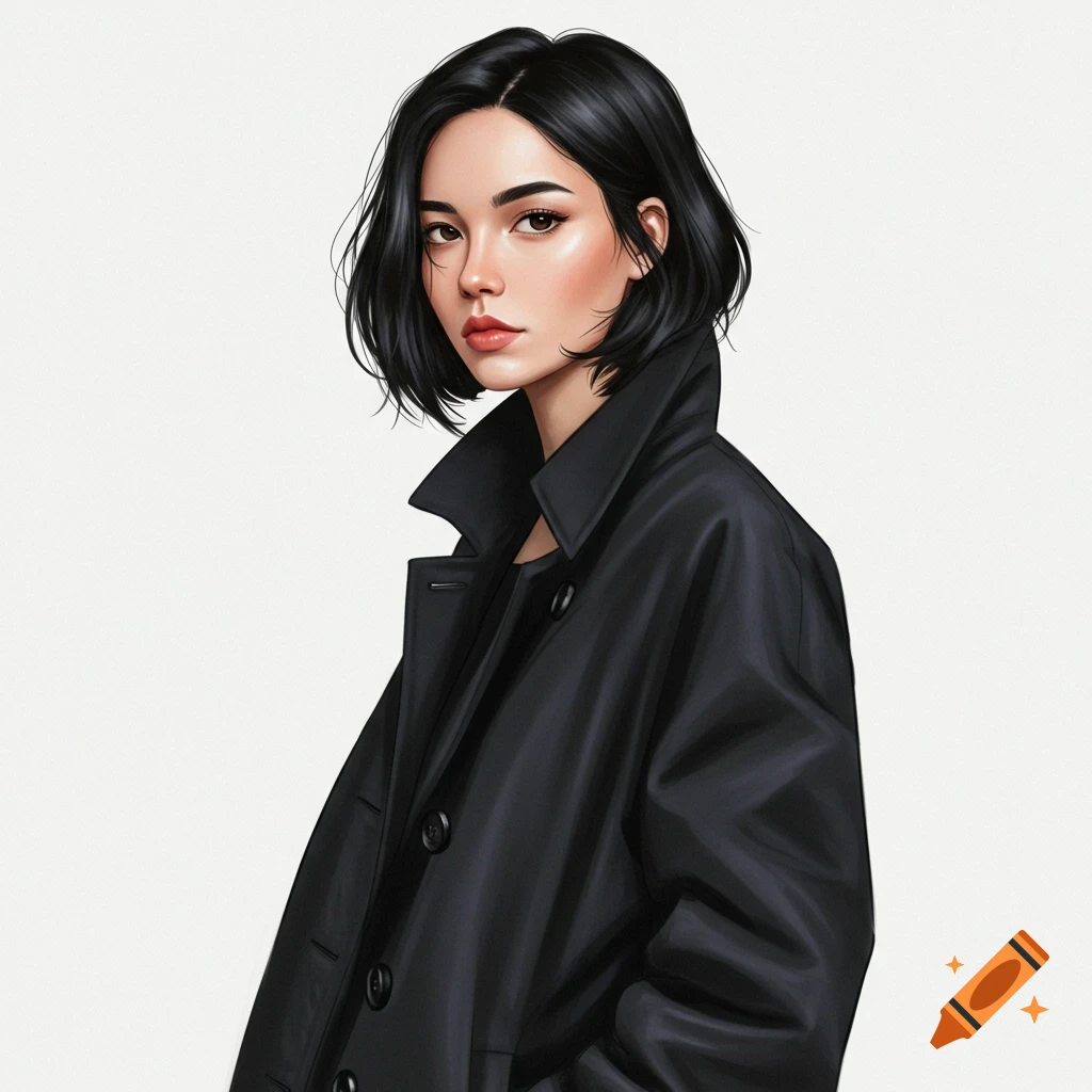 A portrait of a woman with short dark hair wearing a black trench coat.