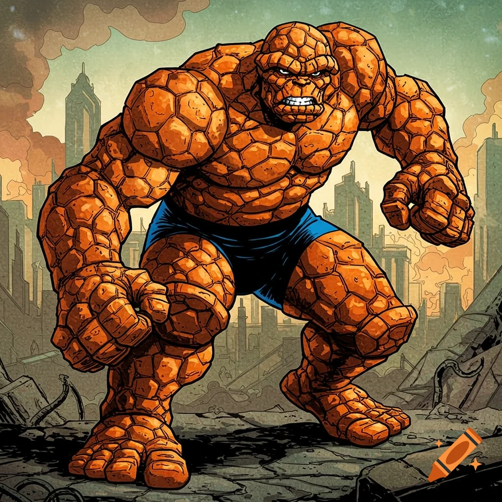 The Thing, a rocky superhero from Fantastic Four, stands in a destroyed city.