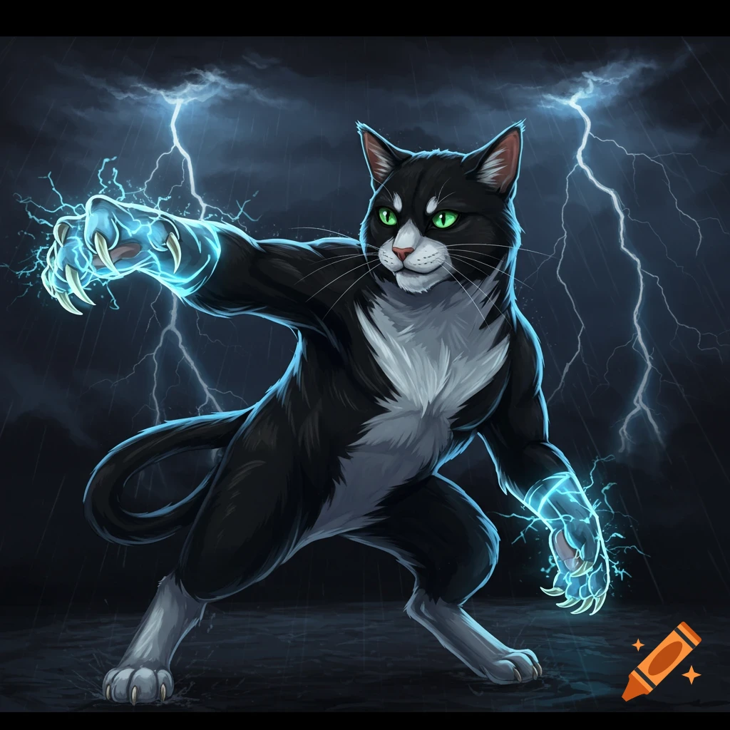 A tuxedo cat with lightning crackling around its paws during a storm.