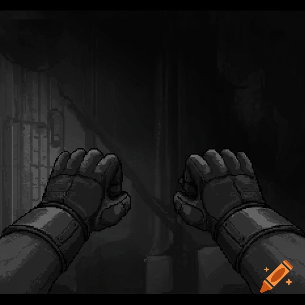First-person view of clenched, gloved hands in dark pixel art.