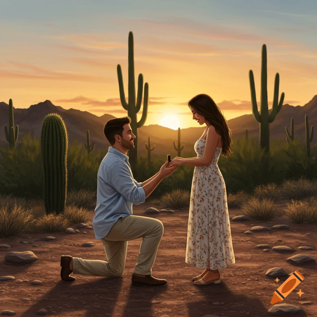 A man proposes to a woman in a desert landscape with saguaro cacti during sunset.