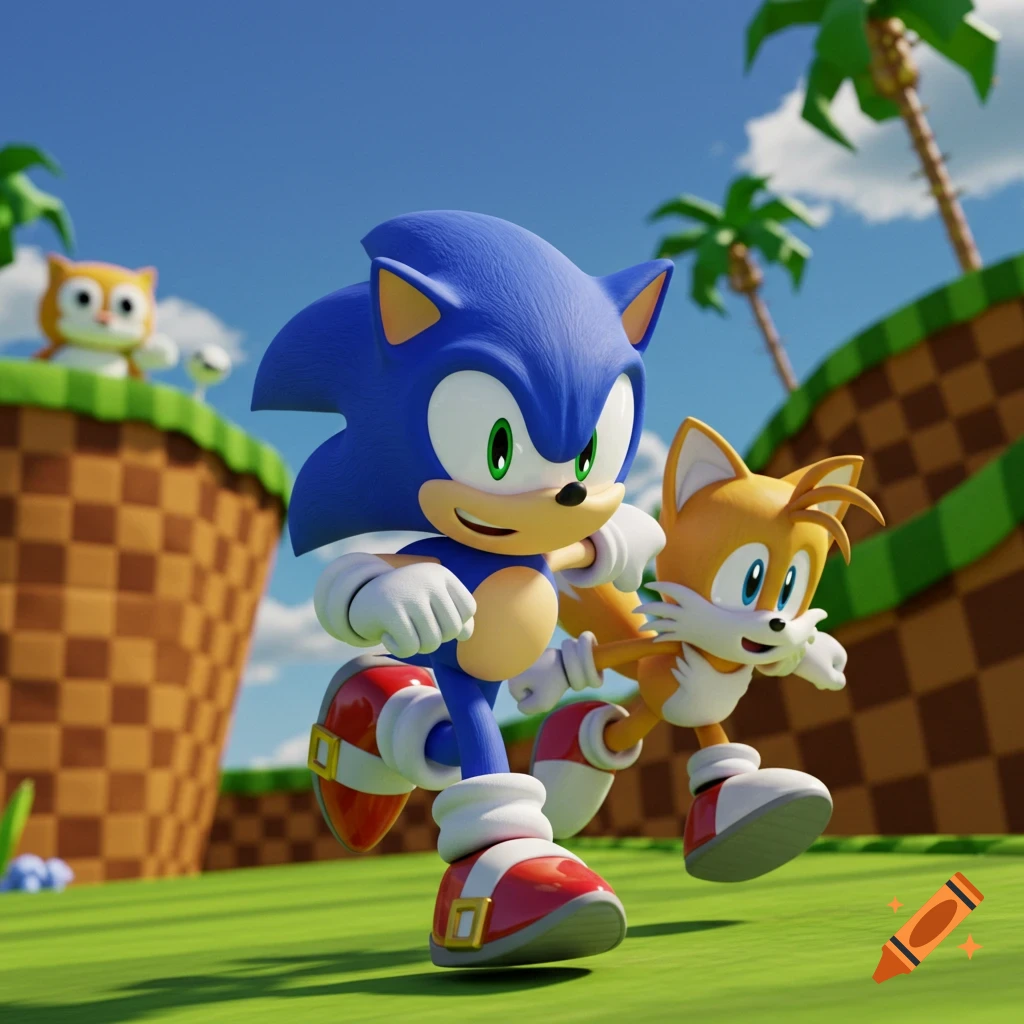 Sonic and Tails running through a grassy game level