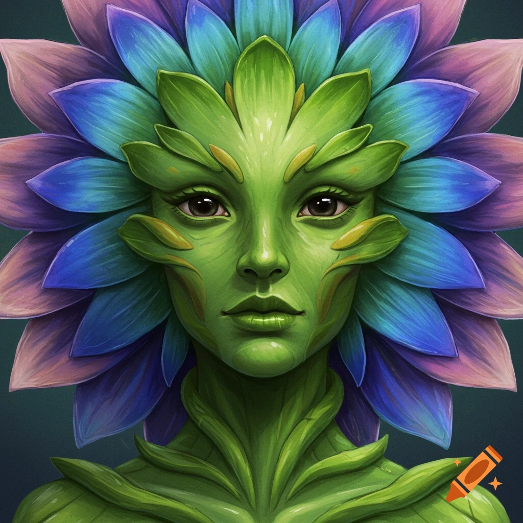 A green plant-like female face is framed by colorful flower petals.