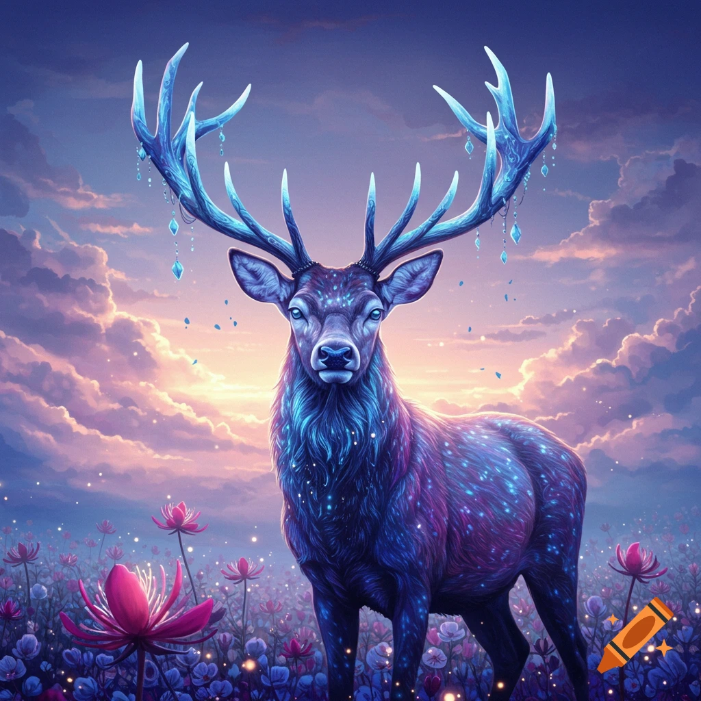 A stylized glowing deer stands in a field of bright flowers under a cloudy sky.