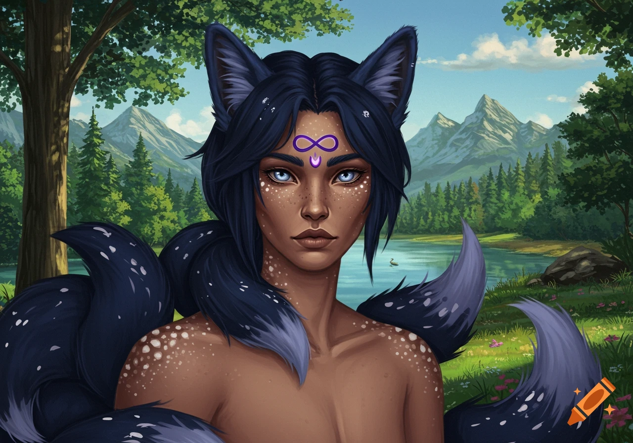 A human-fox hybrid with dark fur, blue eyes, and multiple tails is in a forest landscape.