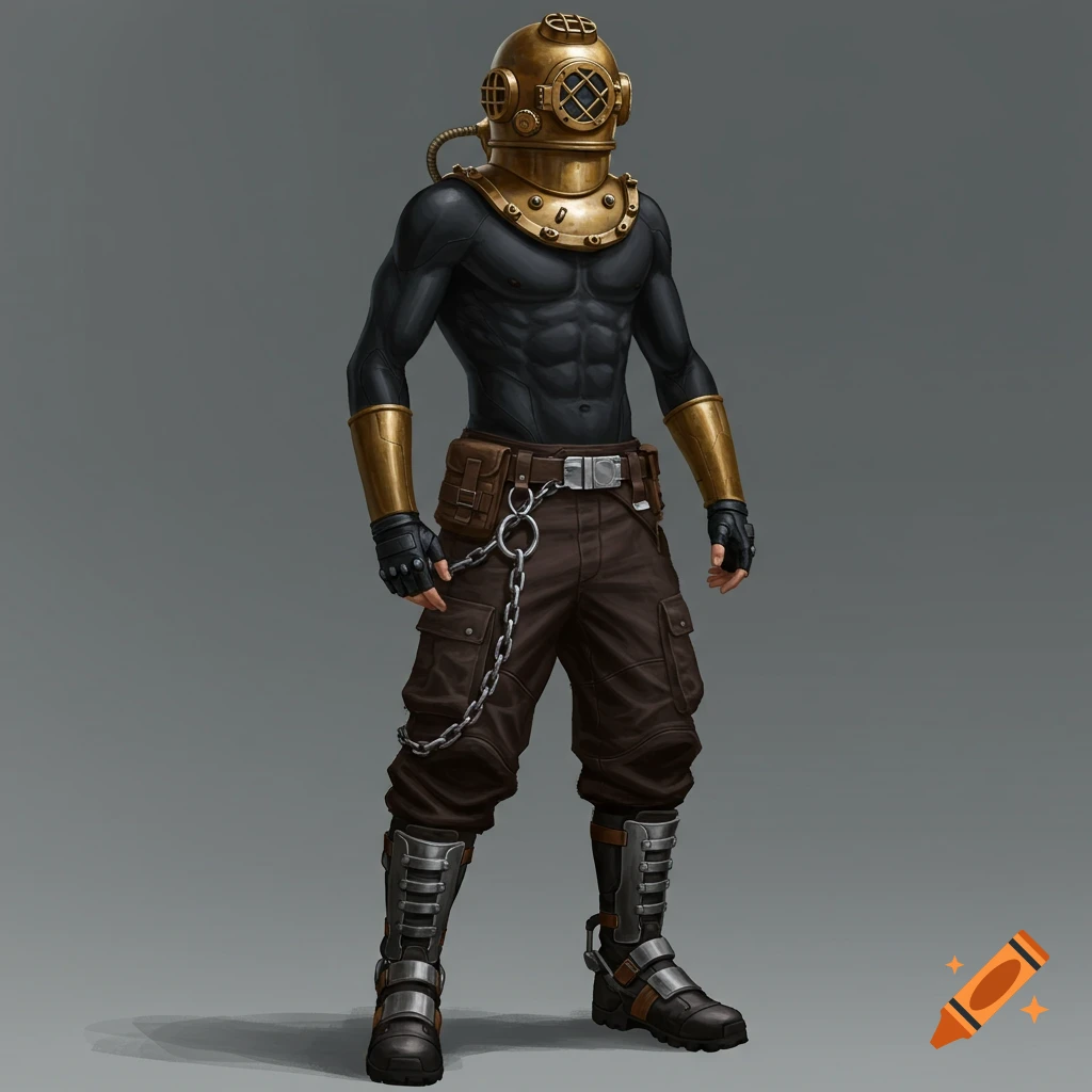 A male character in a diving helmet, compression suit, cargo pants, and tactical gear.